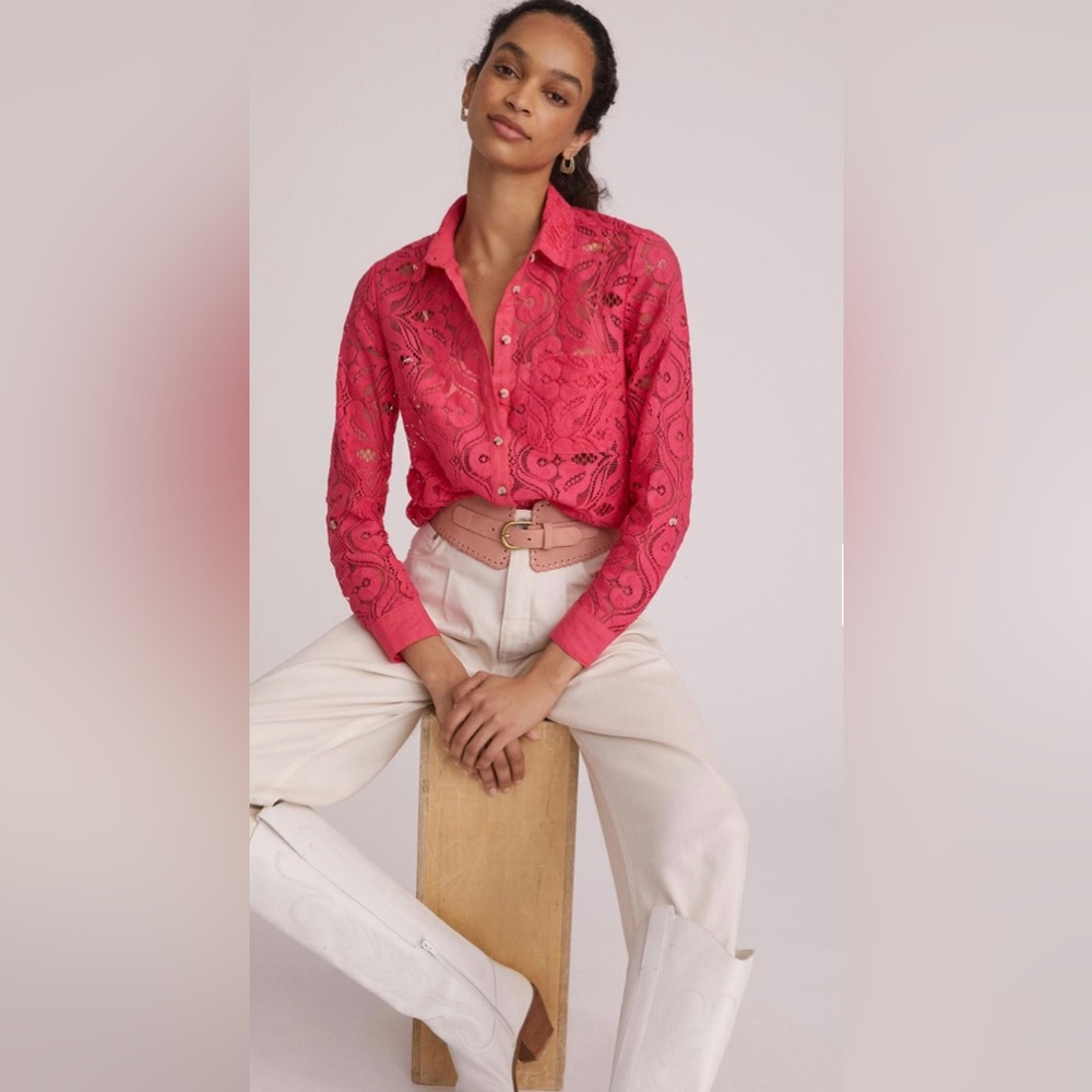 MAEVE by ANTHROPOLOGIE  Lace Boho Slim Buttondown Shirt in Pink Size 12 - Picture 2 of 14